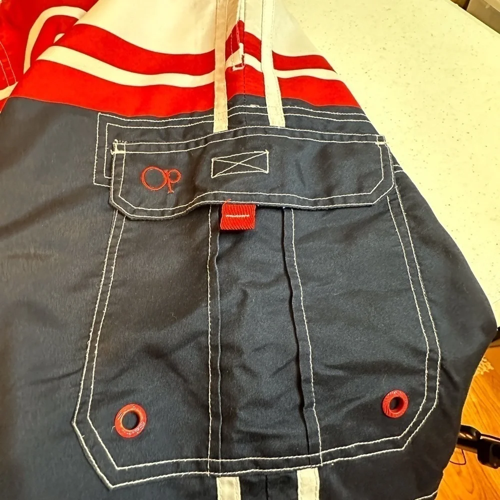 OP Red White Blue American Flag Patriotic Swim Trunks Board Shorts Mens 2XL